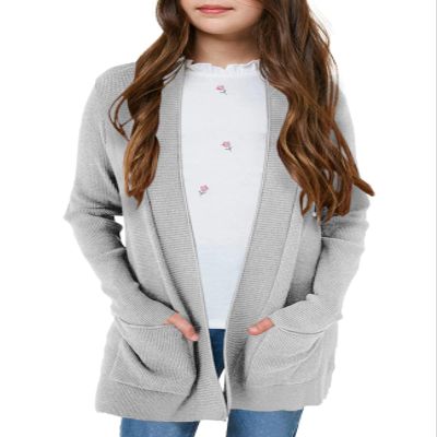 Knitswegan Girls Long Sleeve Casual Cardigan Kids Open Front Soft Knit Oversized Sweater with Pockets Grey
