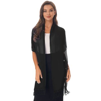 Loloda Women's Chiffon Shawls Scarf Wraps Floral Embroidered Fringes Wedding Party Evening Cape Pashmina Cover Up Black One Size