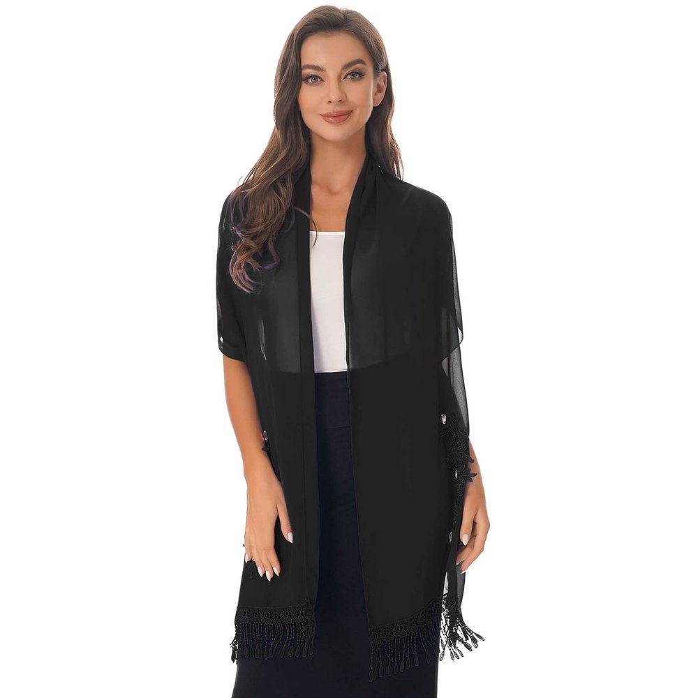 Loloda Women's Chiffon Shawls Scarf Wraps Floral Embroidered Fringes Wedding Party Evening Cape Pashmina Cover Up Black One Size