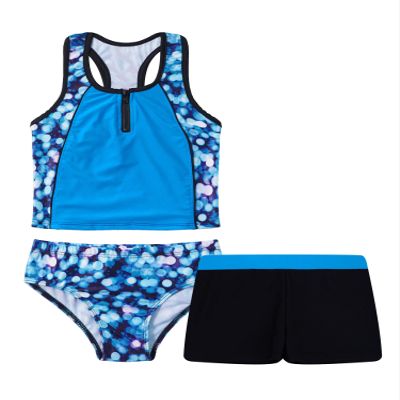 Nikiikoo Kids Girls 3 Pieces Floral Print Tankini Swimsuit Swimwear Set Summer Beach Sports Bathing Suit Azure 8 Years