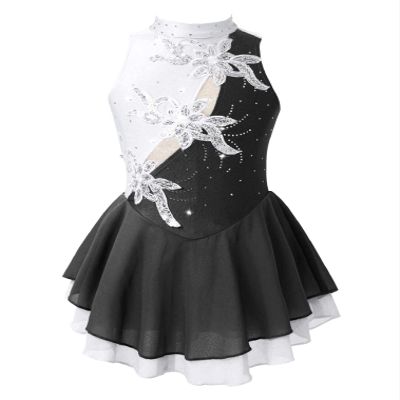 FEESHOW Kids Girls Sleeveless Shiny Rhinestone Sequins Floral Printed Figure Ice Skating Dance Dress for Competition Black&White 6 Years
