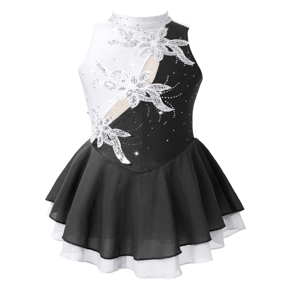 FEESHOW Kids Girls Sleeveless Shiny Rhinestone Sequins Floral Printed Figure Ice Skating Dance Dress for Competition Black&White 6 Years