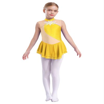 FEESHOW Kids Girls Sleeveless Shiny Rhinestone Sequins Floral Printed Figure Ice Skating Dance Dress for Competition Yellow A 10 Years