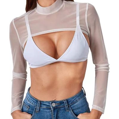 QinCiao Women's Mesh Long Sleeve Mock Neck Slim Fit Sheer See Through Crop Shirt Top Cover Ups White XX-Large