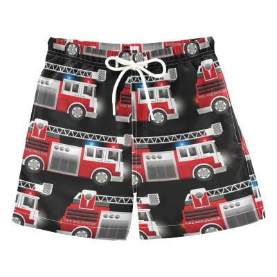 Aflyko Vehicle Boys' Board Shorts Red Fire Rescue Truck Cool Toddler Swim Trunk Beach Swimwear