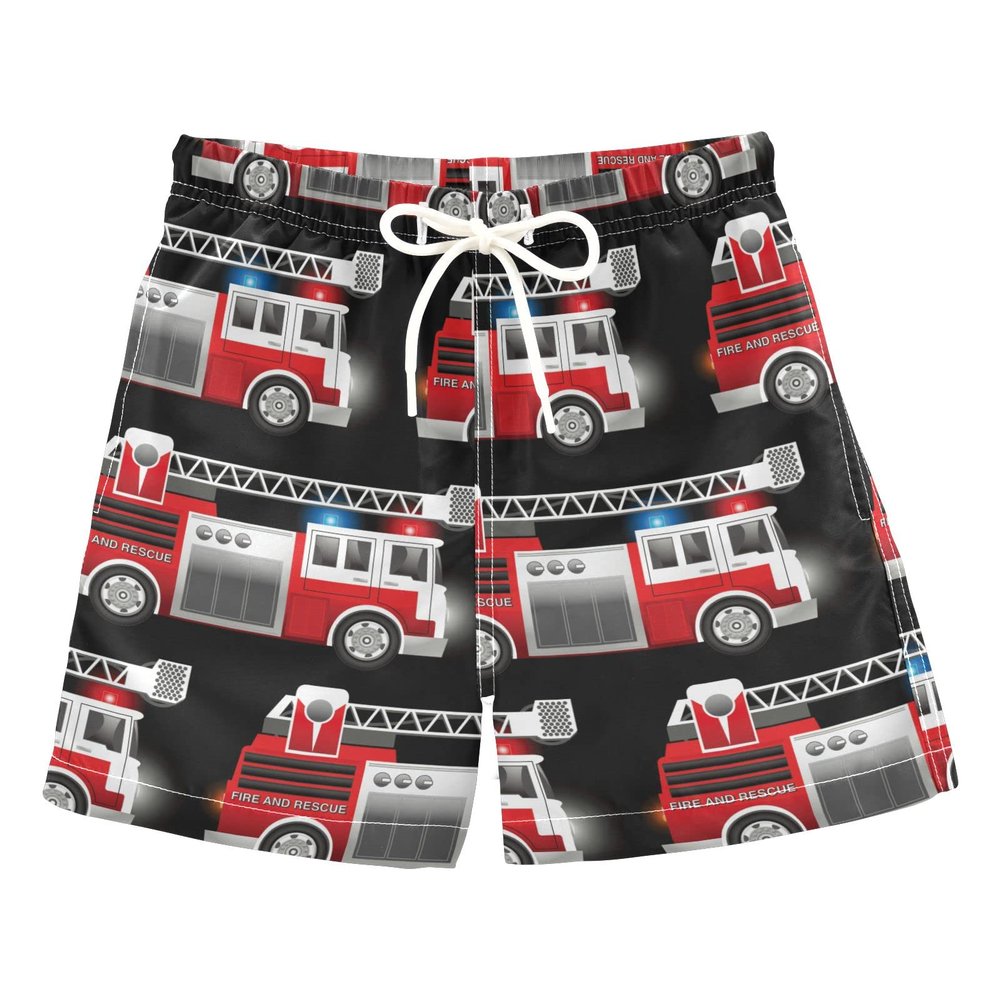 Aflyko Vehicle Boys' Board Shorts Red Fire Rescue Truck Cool Toddler Swim Trunk Beach Swimwear