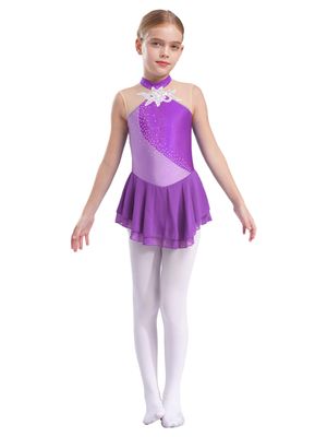 FEESHOW Kids Girls Sleeveless Shiny Rhinestone Sequins Floral Printed Figure Ice Skating Dance Dress for Competition Purple A 12 Years
