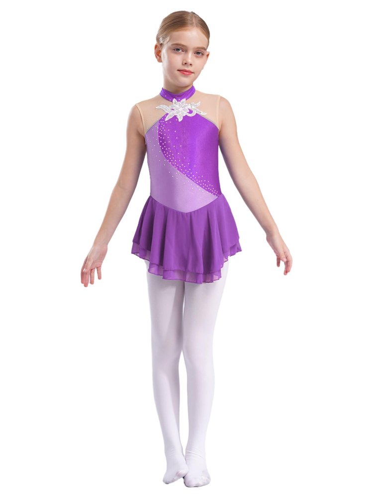FEESHOW Kids Girls Sleeveless Shiny Rhinestone Sequins Floral Printed Figure Ice Skating Dance Dress for Competition Purple A 12 Years