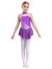 FEESHOW Kids Girls Sleeveless Shiny Rhinestone Sequins Floral Printed Figure Ice Skating Dance Dress for Competition Purple A 12 Years view 1
