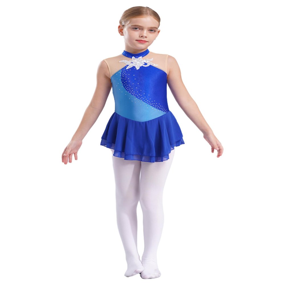 FEESHOW Kids Girls Sleeveless Shiny Rhinestone Sequins Floral Printed Figure Ice Skating Dance Dress for Competition Navy Blue A 10 Years