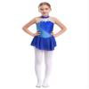 FEESHOW Kids Girls Sleeveless Shiny Rhinestone Sequins Floral Printed Figure Ice Skating Dance Dress for Competition Navy Blue A 10 Years view 2