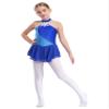 FEESHOW Kids Girls Sleeveless Shiny Rhinestone Sequins Floral Printed Figure Ice Skating Dance Dress for Competition Navy Blue A 10 Years view 3