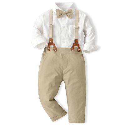ALINTU Toddler Dress Clothes, Long Sleeve Dress Shirt + Suspender Pants Set, Gentleman Outfits for Boys, Khaki, 3-4T = Tag 110
