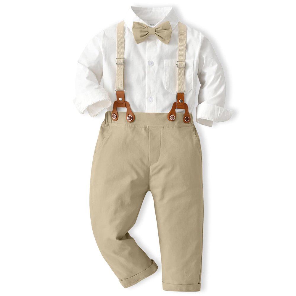 ALINTU Toddler Dress Clothes, Long Sleeve Dress Shirt + Suspender Pants Set, Gentleman Outfits for Boys, Khaki, 3-4T = Tag 110
