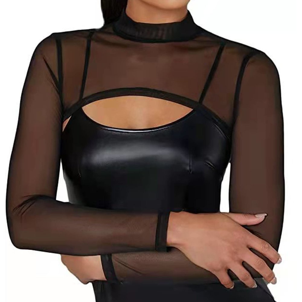 Moily Women Beachwear Bikini Cover Up Mesh Sheer See-Through Long Sleeve Sexy Tops T-Shirt Armsleeve Black XX-Large