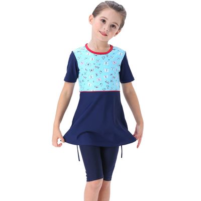 Muslim Swimsuits for Girls Butterfly Flower Printed Top + Pants Full Coverage Swimwear Modest Islamic Hijab Cap Beachwear Swimming Round Neck Burkini Bathing Suit Blue Short Sleeve 9-10 Years