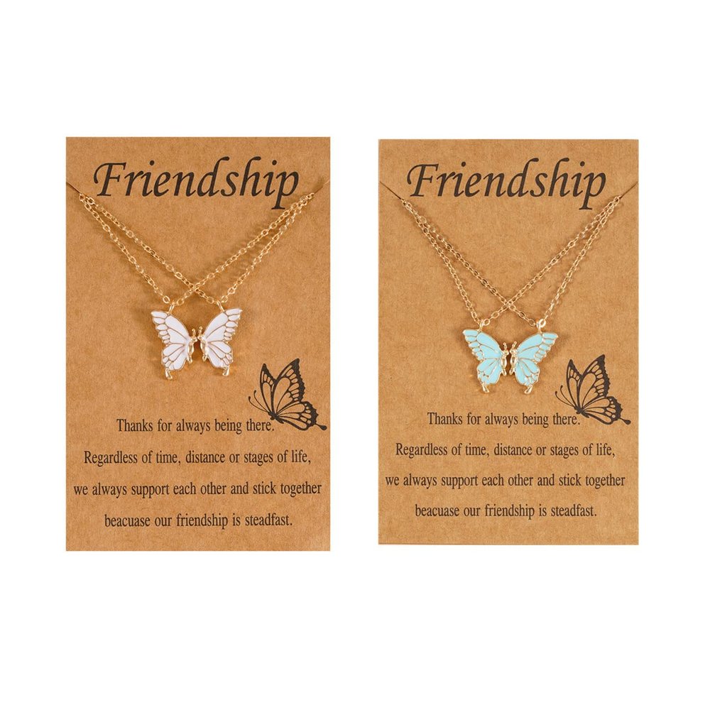 4pcs Best Friend Necklace With Card Cute Friendship Butterfly Matching Necklace for Women Best Friends Long Distance Birthday Gifts-blue white