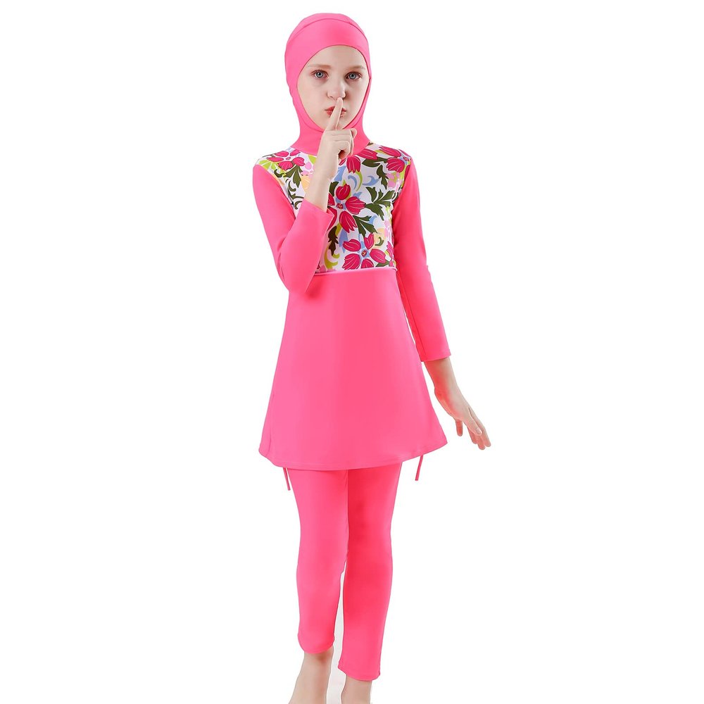 Muslim Swimsuits for Girls Butterfly Flower Printed Top + Pants Full Coverage Swimwear Modest Islamic Hijab Cap Beachwear Swimming Round Neck Burkini Bathing Suit Pink Long Sleeve 5-6 Years