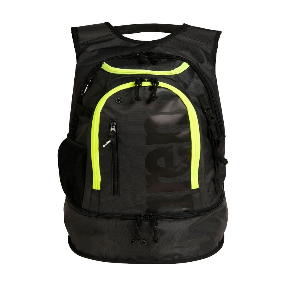 ARENA Fastpack 3.0 Backpack Sports Swim Training Gear Bag Large Capacity Storage Wet Dry Compartments Comfortable Durable Swimmers Triathletes Gym Travel Daily Use, Dark Smoke Black/Neon Yellow