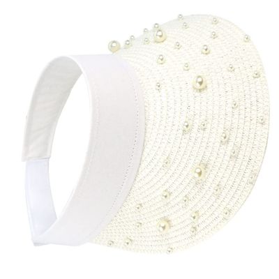ABOOFAN Womens Sun Hat Womens Sun Hat Visor Hand Woven Straw Cap Beanie Sunproof Headband with Pearls for Beach Outdoor (White) Womens Sun Hat Womens Beach Hat Womens Beach Hat