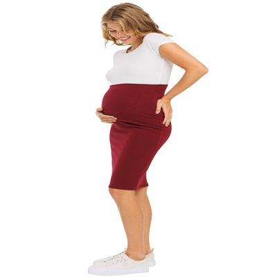 My Bump Women's Comfort Stretch High Waisted Tummy Control Midi Maternity Pencil Skirt Made in USA(Burgundy ACTV, L)