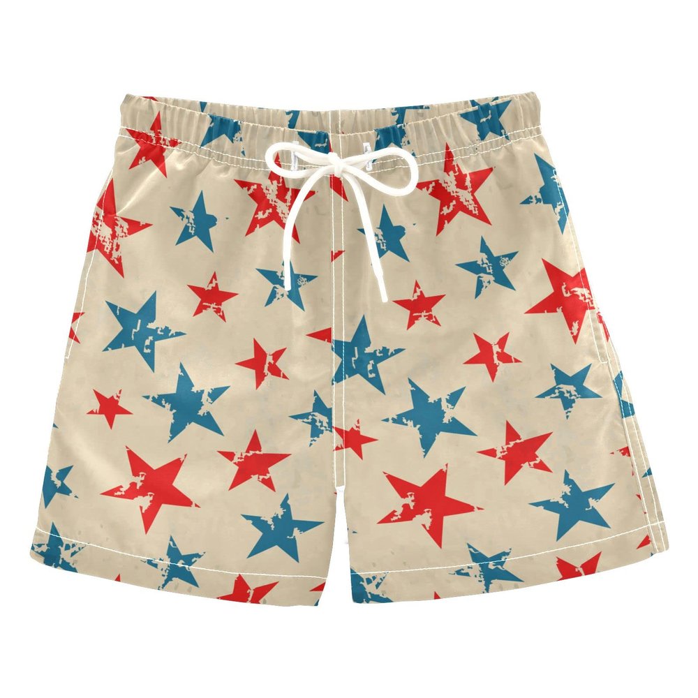 Aflyko 4th of July Boys' Board Shorts Patriotic Vintage Red Blue Star Swim Trunk Beach Swimwear Bathing Suit