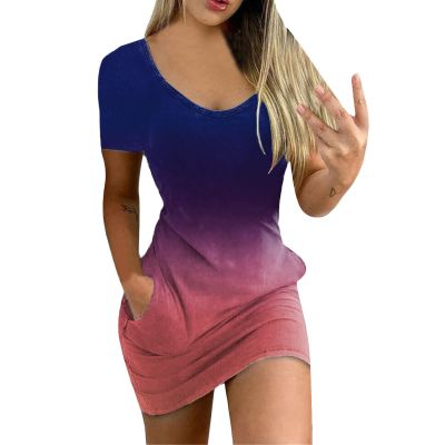 LFEOOST Casual Dresses for Women with Pockets,Summer Fashion Short Sleeve V Neck Gradient Print Slim Fit Mini Dress Wine