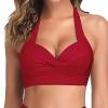 Women Front Twist Wrap Bikini Top Push Up Halter Top Vintage Swimsuit Top Beach Sexy Ruched Front Bathing Suit Top Red view 2