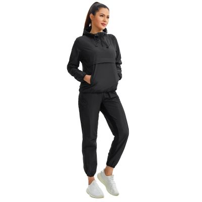 Junlan Sauna Suit for Women Sweat Sauna Pants Sweat Jacket Gym Workout Vest Sweat Suits for Women (Black Set(jacket and Pants),3X-Large)