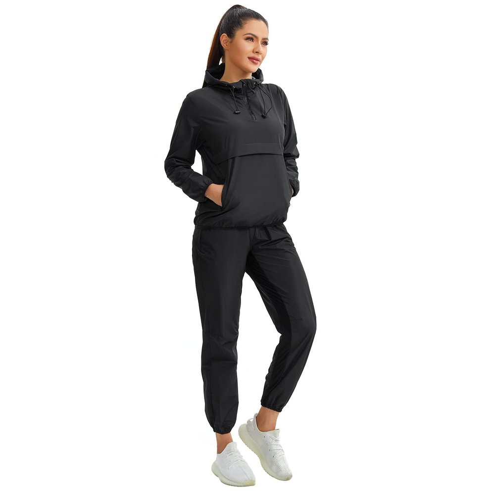 Junlan Sauna Suit for Women Sweat Sauna Pants Sweat Jacket Gym Workout Vest Sweat Suits for Women (Black Set(jacket and Pants),3X-Large)