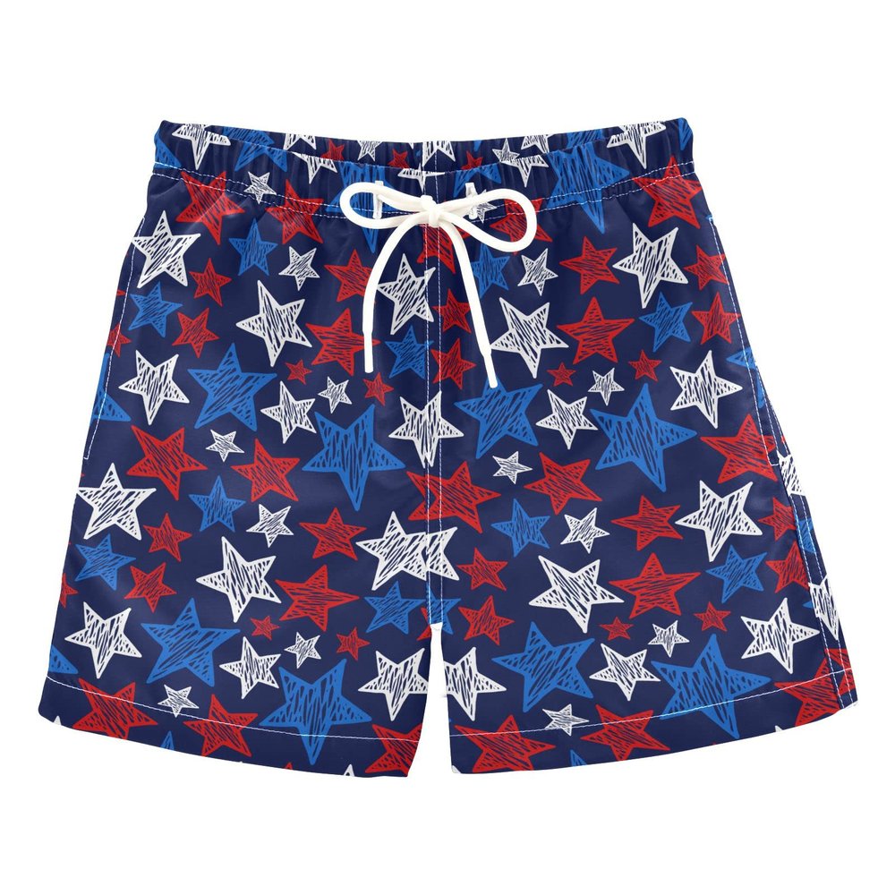 Aflyko 4th of July Board Shorts Doodle Stars Blue Red White Boys Girls Swim Trunk Beach Swimwear