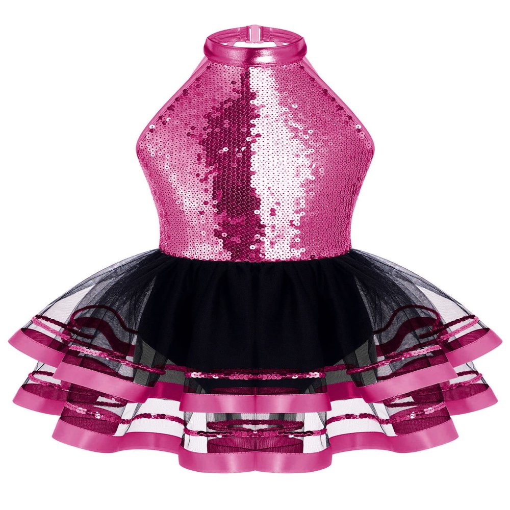Agoky Kids Girls Sequins Ballet Dance Dress Halter Neck Gymnastic Leotard Skirt Stage Performance Dancewear Outfit Tutu Skirt Rose Sequin Mesh 11-12