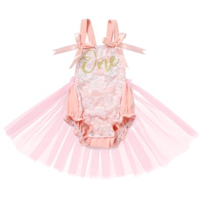 1st First Birthday Outfit Girl Ruffle Short Sleeve Floral Lace One Onesie Tulle Princess Dress+Headband Baby One Year Old Birthday Gift Cake Smash Party Photo Shoot Peach(Without Crown) 12-18 Months