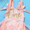 1st First Birthday Outfit Girl Ruffle Short Sleeve Floral Lace One Onesie Tulle Princess Dress+Headband Baby One Year Old Birthday Gift Cake Smash Party Photo Shoot Peach(Without Crown) 12-18 Months view 2