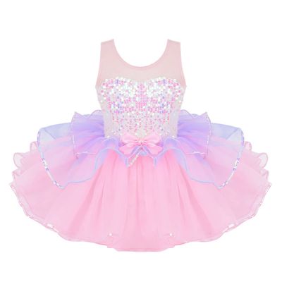Loloda Kids Girls Shiny Sequins Ballet Dance Tutu Dress Gymnastics Skirted Leotard Ballerina Costume Pink 7-8 Years