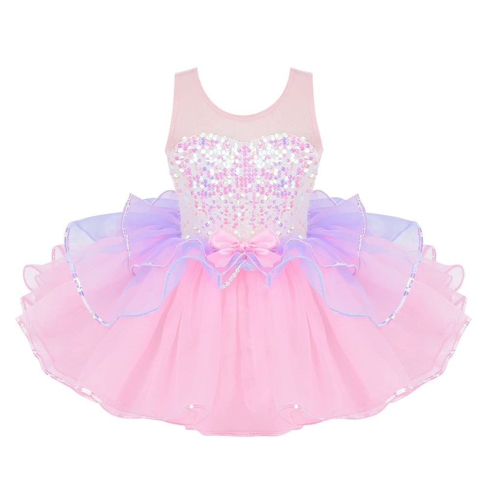 Loloda Kids Girls Shiny Sequins Ballet Dance Tutu Dress Gymnastics Skirted Leotard Ballerina Costume Pink 7-8 Years