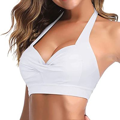 Women Front Twist Wrap Bikini Top Push Up Halter Top Vintage Swimsuit Top Beach Sexy Ruched Front Bathing Suit Top White