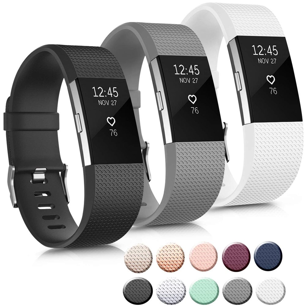 3 Pack Sport Bands Compatible with Fitbit Charge 2 Bands Women Men, Adjustable Replacement Strap Wristbands for Fitbit Charge 2 HR Small Large (Large, Black/Gray/White)