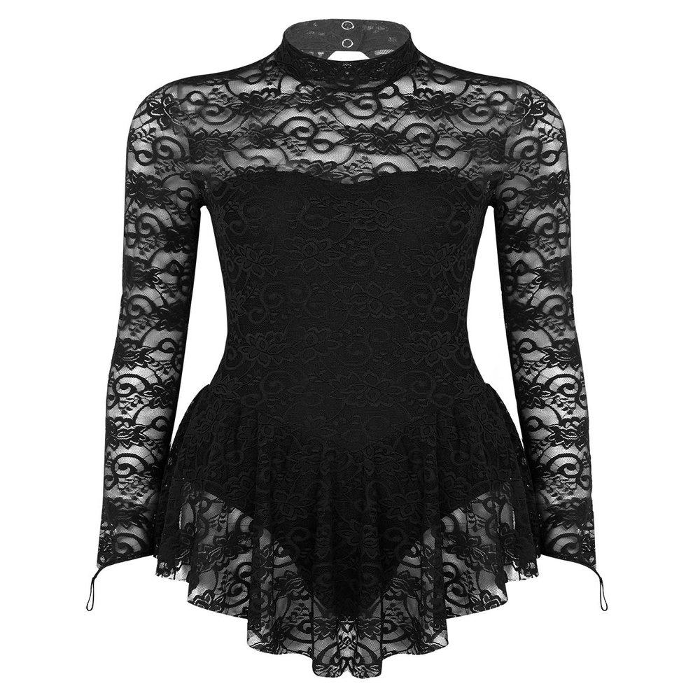 Sywiyi Women's Floral Lace Long Sleeve Figure Skating Dress Ballerina Gymnastics Leotard Ballet Dance Costumes Black X-Small