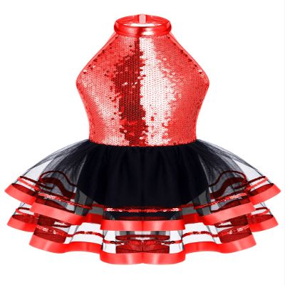 Agoky Kids Girls Sequins Ballet Dance Dress Halter Neck Gymnastic Leotard Skirt Stage Performance Dancewear Outfit Tutu Skirt Red Sequin Mesh 12-14