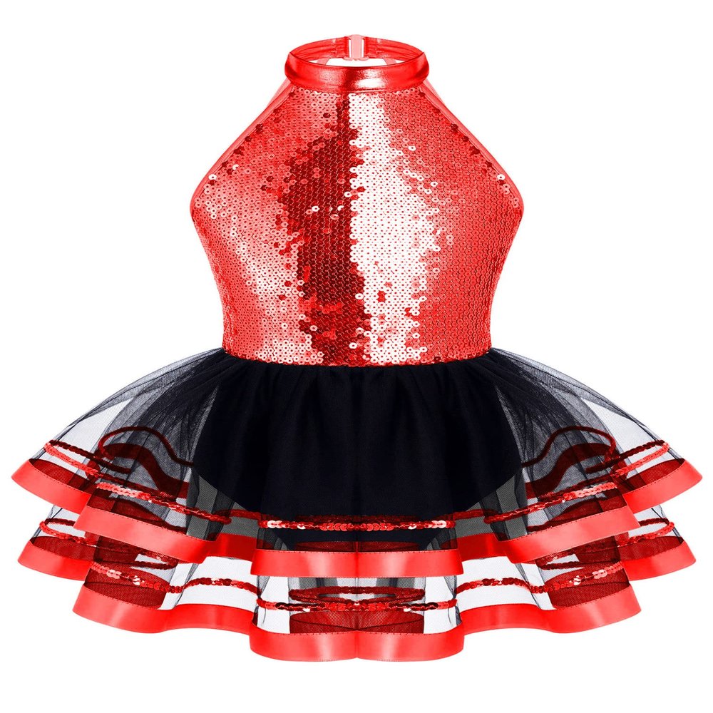 Agoky Kids Girls Sequins Ballet Dance Dress Halter Neck Gymnastic Leotard Skirt Stage Performance Dancewear Outfit Tutu Skirt Red Sequin Mesh 12-14