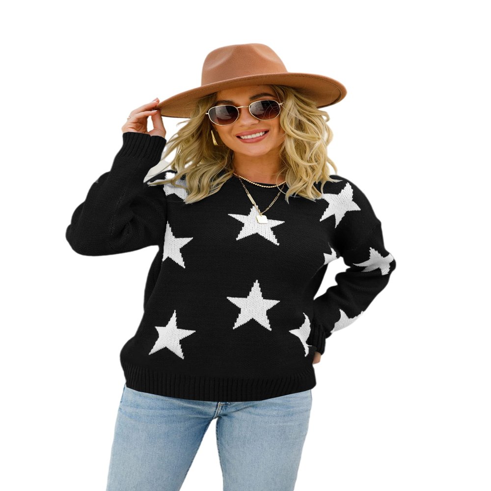 BROCHRY Women's Casual Crewnack Long Sleeve Tops Loose Cute Star Pattern Knit Sweater Jumper (Medium, Black)