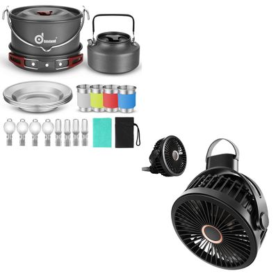 Odoland Bundle - 2 Items 22pcs Camping Cookware Mess Kit and 10000mAh Camping Fan with Hanging Hook