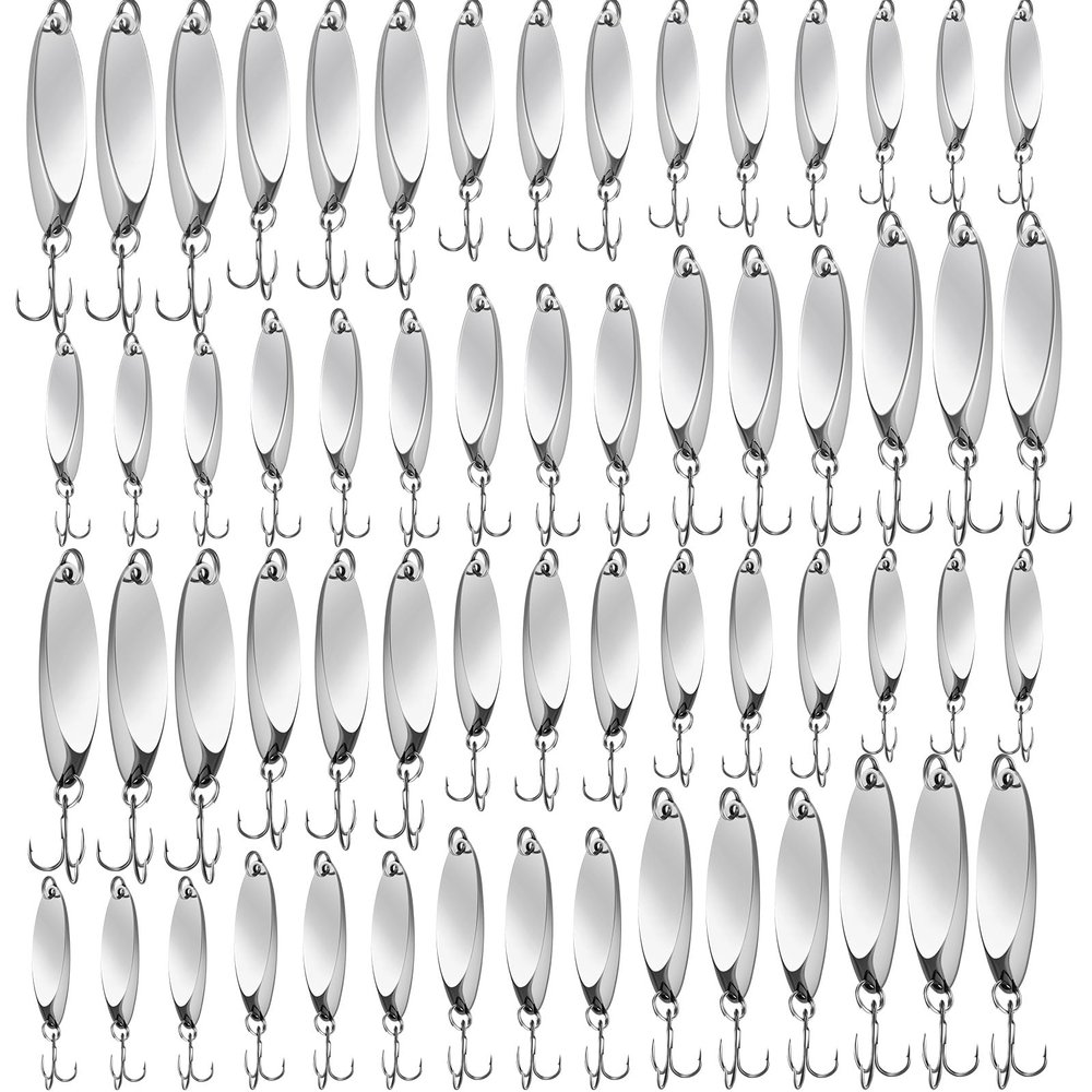 HESTYA 40 Pieces Fishing Lures Spoons Fishing Metal Saltwater Treble Trout Lures Hard Metal Spinner Baits 5 Sizes Casting Spoon Hooks for Salmon Bass (Silver)