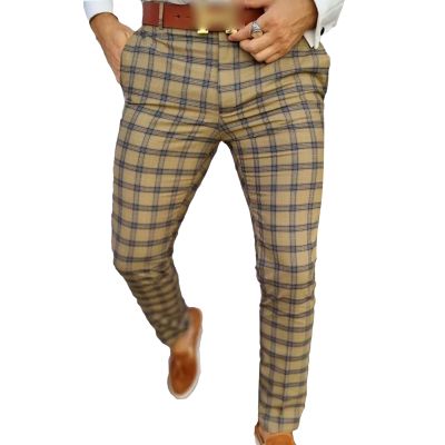 Men's Casual Plaid Chino Pants Skinny Fit Plaid Flat Front Dress Pants Slim Stretch Business Striped Trousers (Khaki,Small)