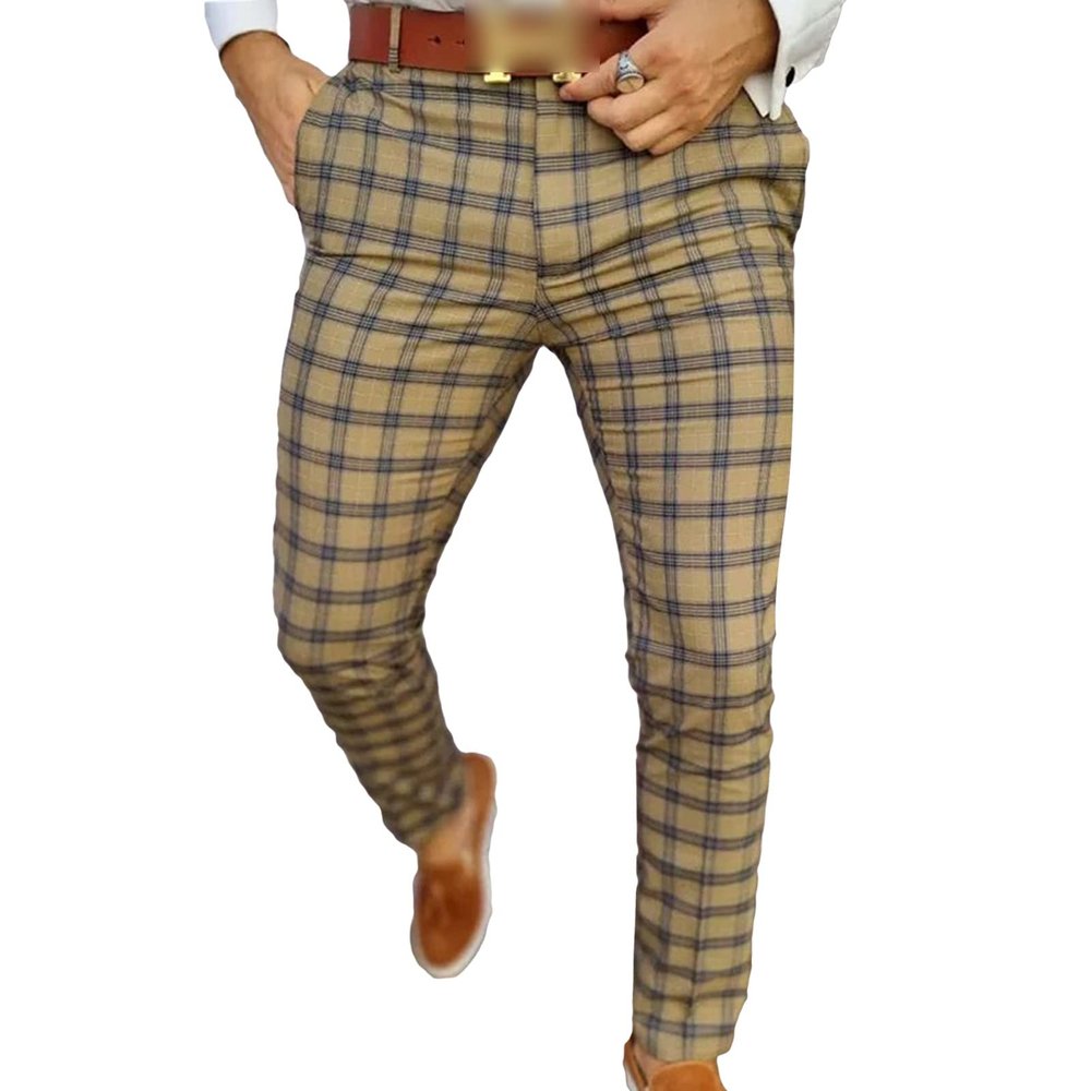 Men's Casual Plaid Chino Pants Skinny Fit Plaid Flat Front Dress Pants Slim Stretch Business Striped Trousers (Khaki,Small)