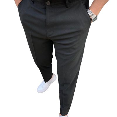 Men's Stretch Dress Pants Solid Business Flat Front Long Pant Classic Fit Lightweight Tapered Chino Trousers (Black,Small)
