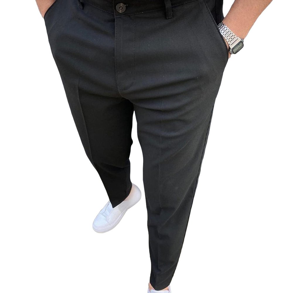 Men's Stretch Dress Pants Solid Business Flat Front Long Pant Classic Fit Lightweight Tapered Chino Trousers (Black,Small)