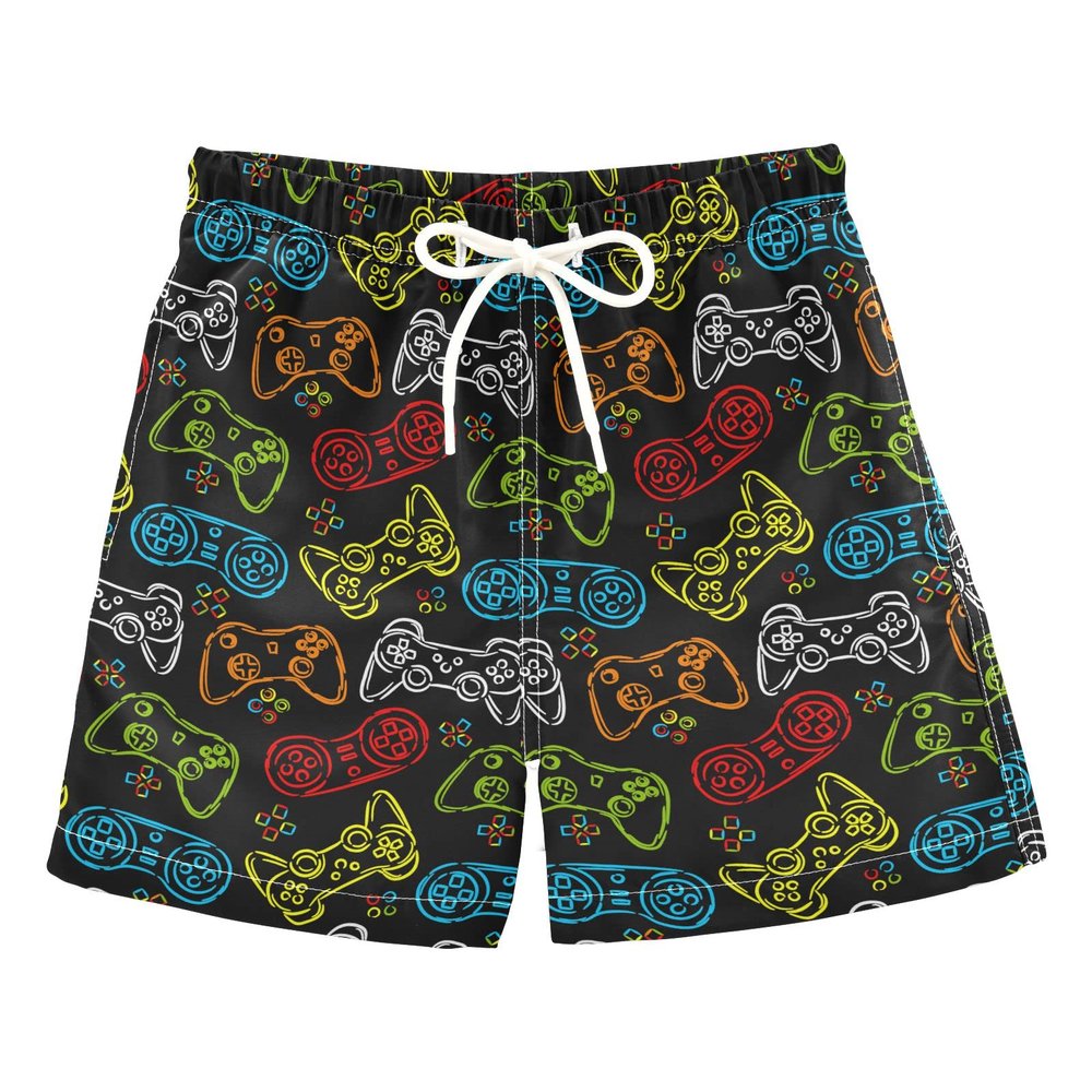 Aflyko Board Shorts Joystick Video Game Controller Rainbow Neon Boys Girls Swim Trunk Teens Beach Swimwear Bathing Suit