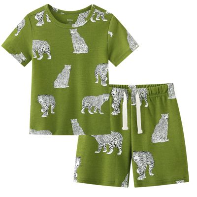 Owlivia Kids Pjs Set, Boys Girls Summer Short-Sleeve Sleepwear, 100% organic cotton Toddler Pajamas(7-8 Years, Green Cheetah)